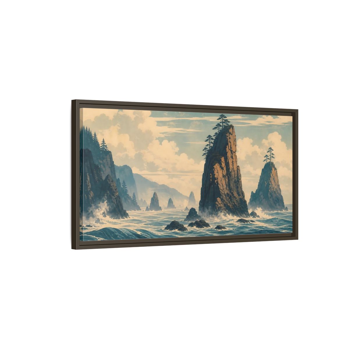 Main Mockup. Nature Sea Stacks Blue And Brown Seascape shown as stretched canvas wall art