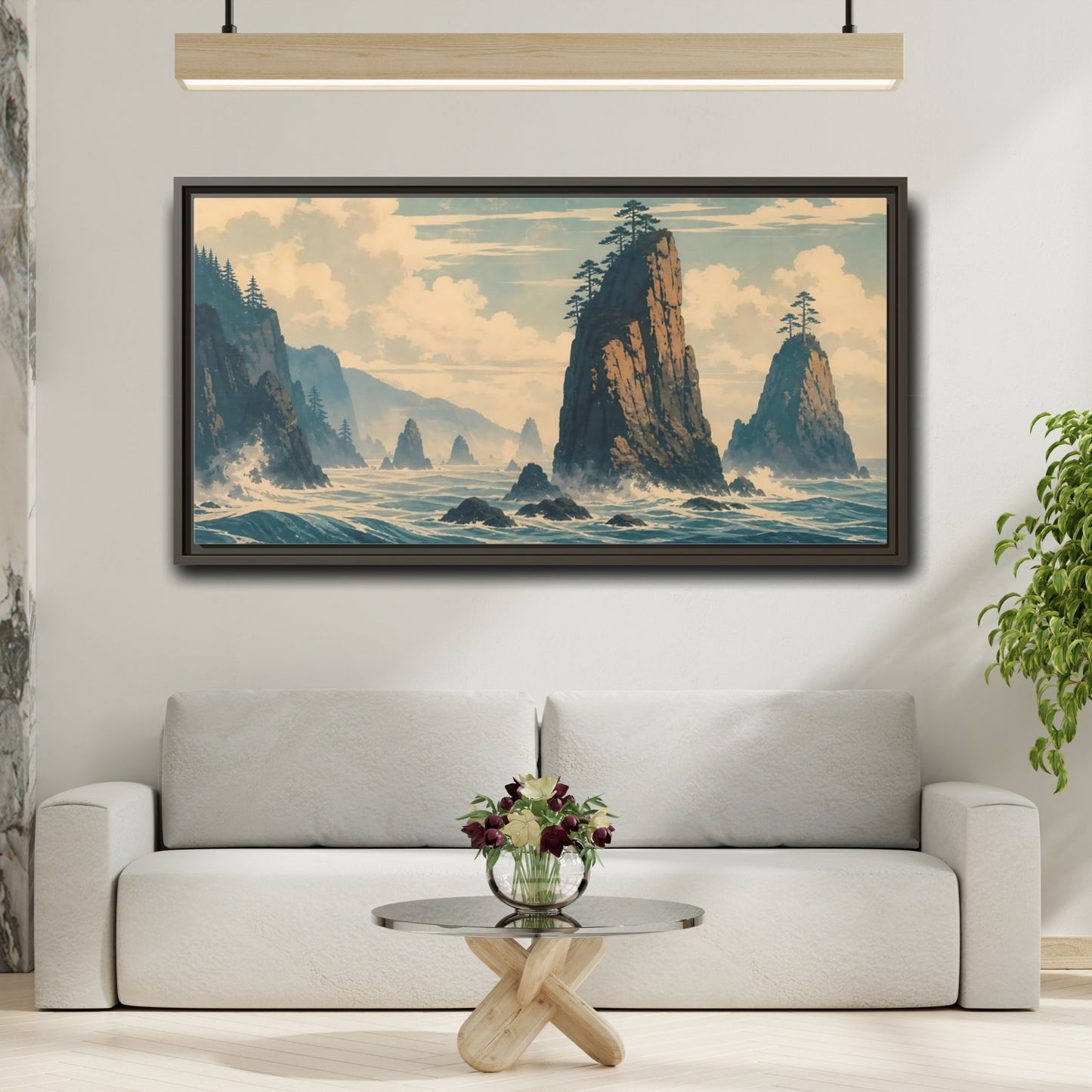 Mockup 2. Nature Sea Stacks Blue And Brown Seascape shown as stretched canvas wall art