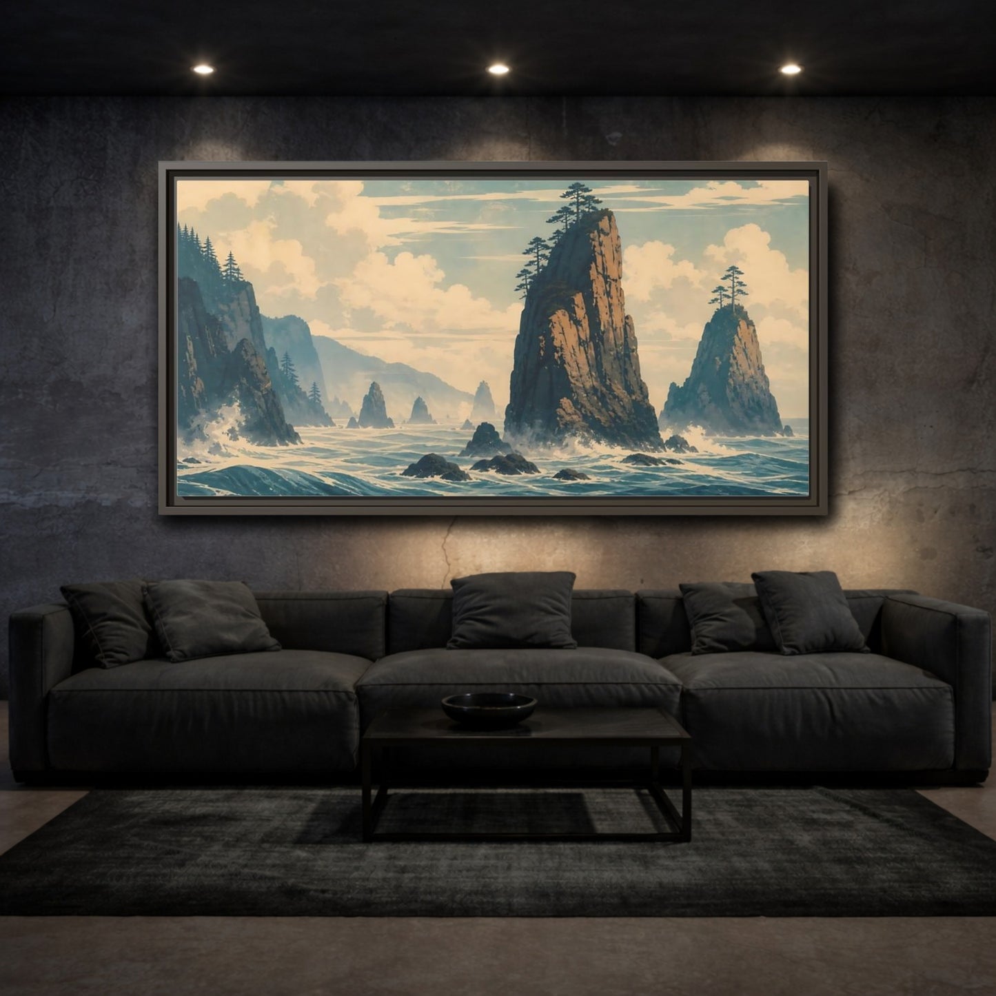 Mockup 3. Nature Sea Stacks Blue And Brown Seascape shown as stretched canvas wall art