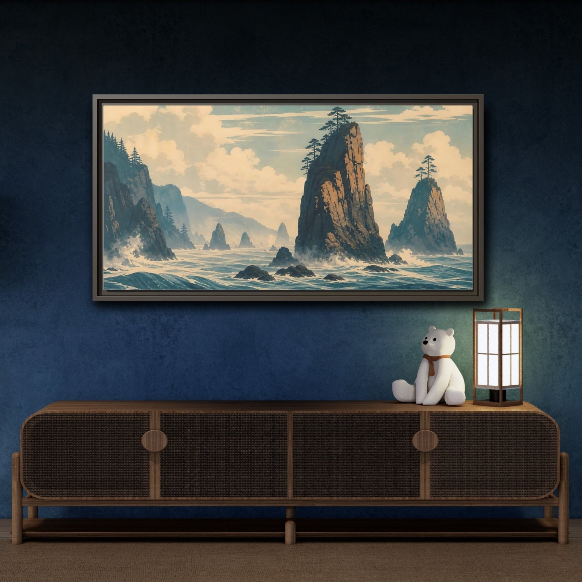 Mockup 4. Nature Sea Stacks Blue And Brown Seascape shown as stretched canvas wall art