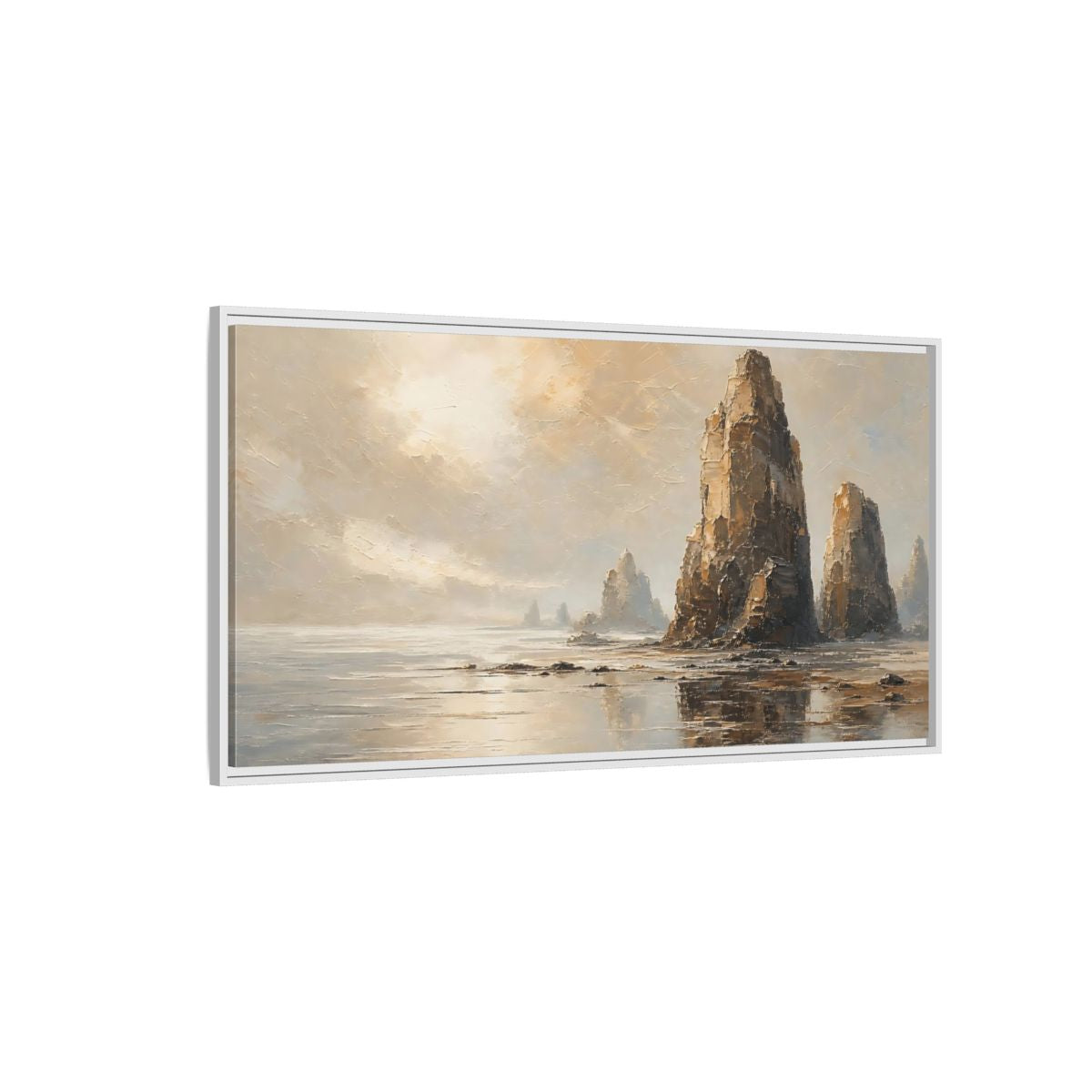 Side Mockup 3. Nature Sea Stacks Earthy Landscape shown as stretched canvas wall art