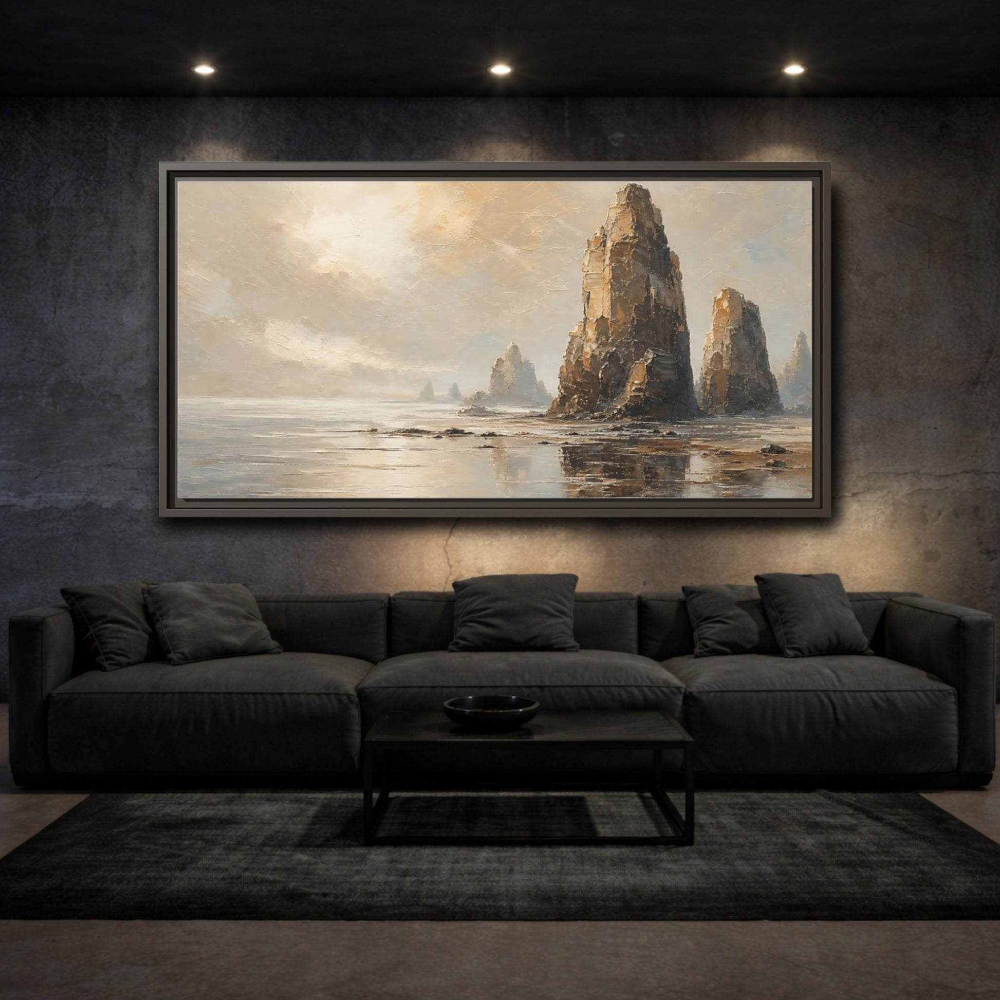 Mockup 3. Nature Sea Stacks Earthy Landscape shown as stretched canvas wall art