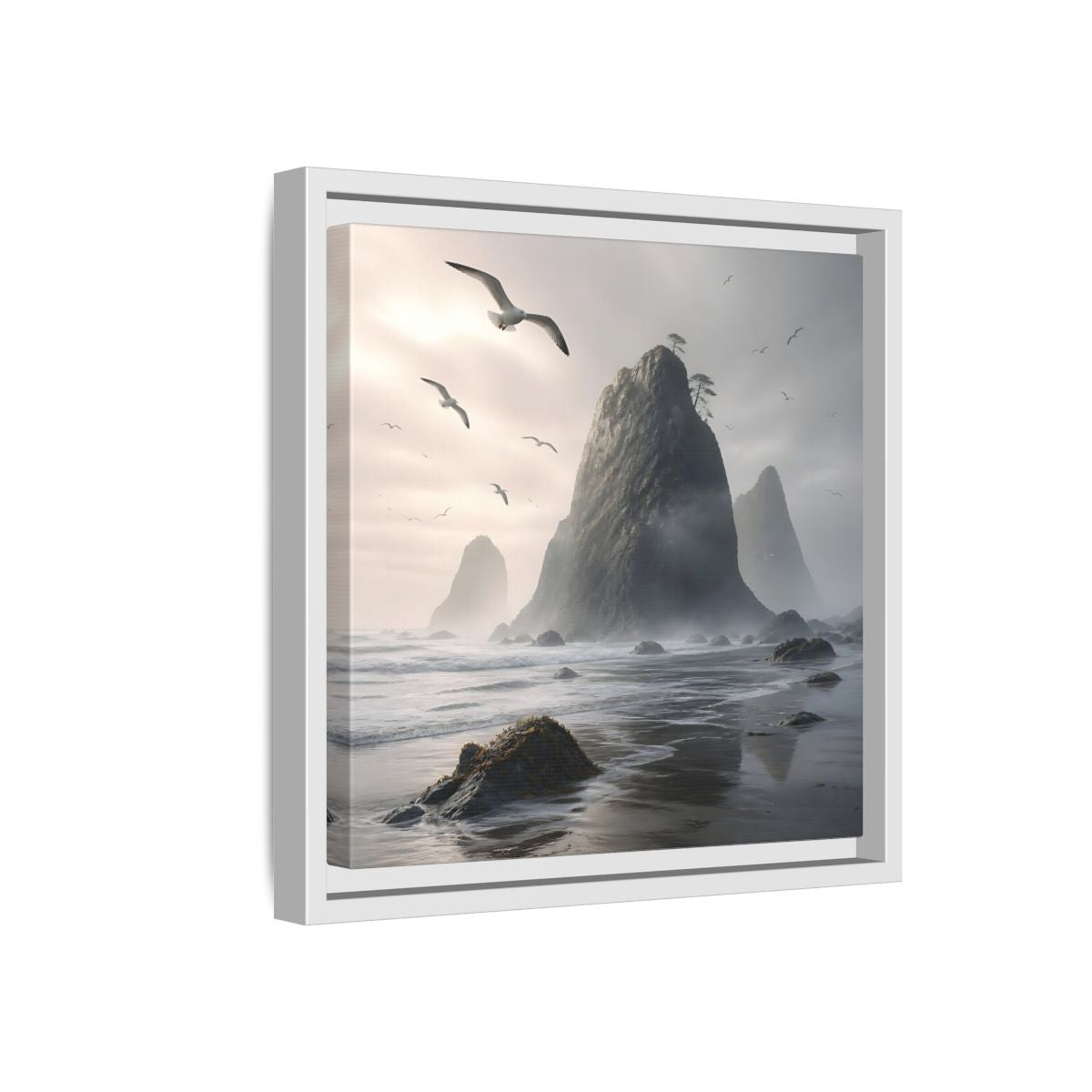 Side Mockup 16. Nature Sea Stacks Misty Coastal shown as stretched canvas wall art
