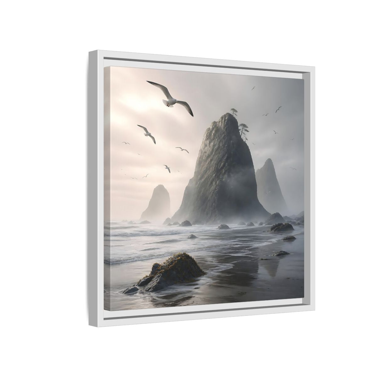 Side Mockup 13. Nature Sea Stacks Misty Coastal shown as stretched canvas wall art