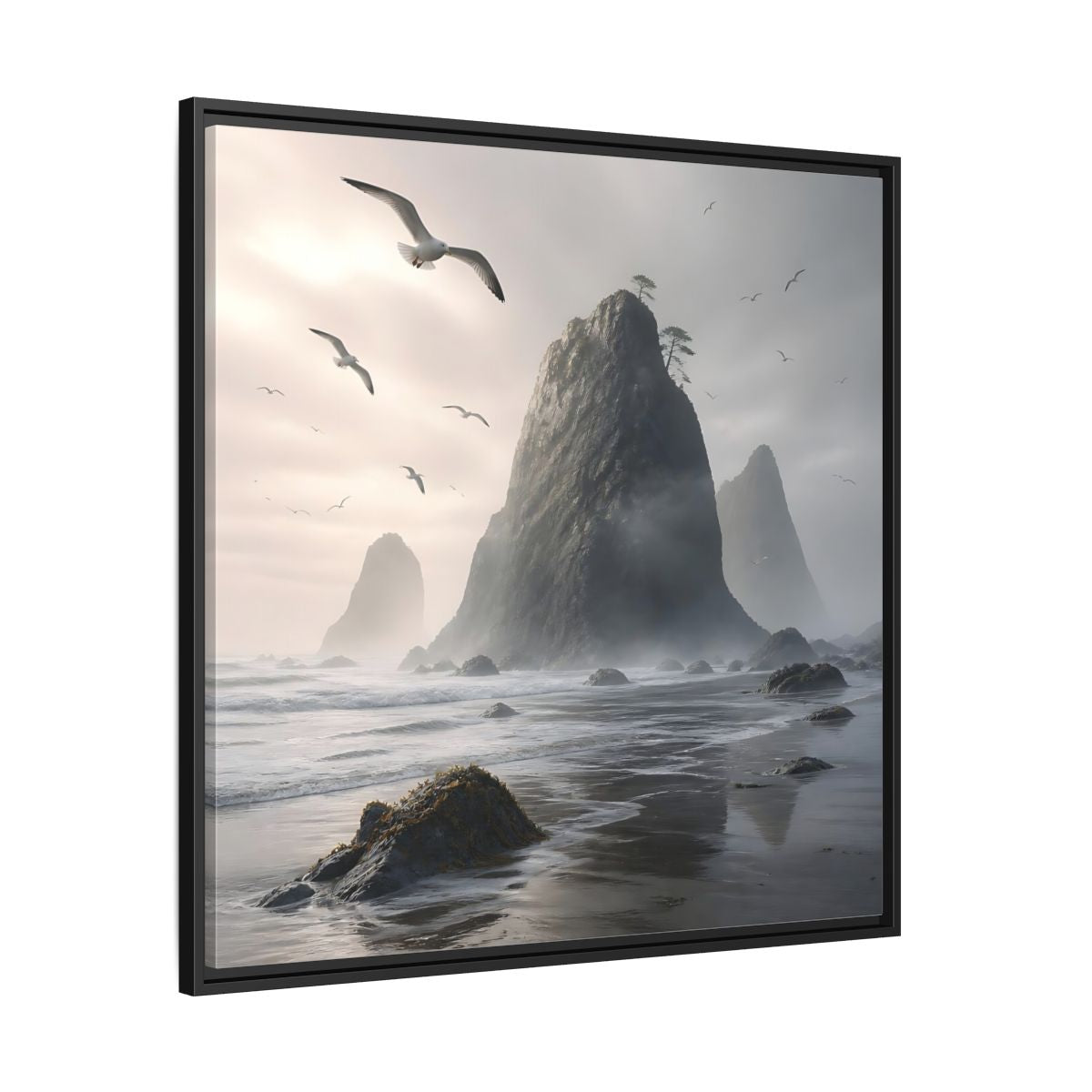 Side Mockup 30. Nature Sea Stacks Misty Coastal shown as stretched canvas wall art