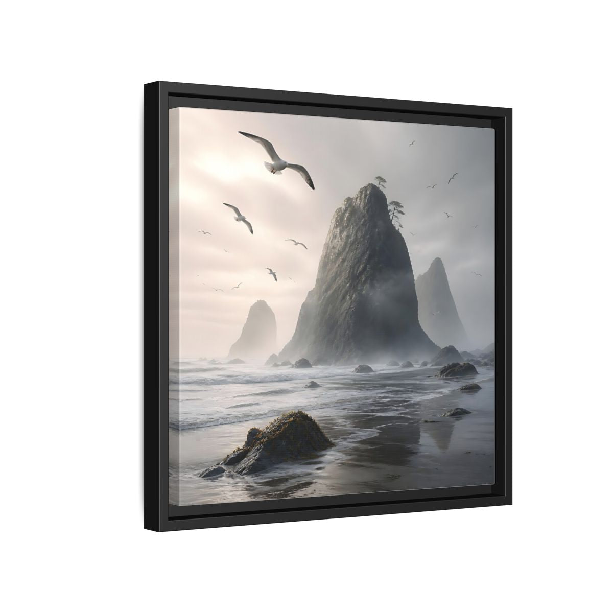 Side Mockup 15. Nature Sea Stacks Misty Coastal shown as stretched canvas wall art
