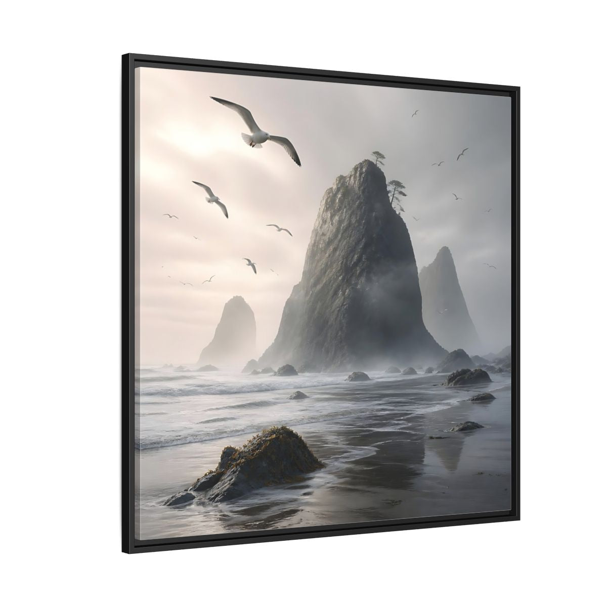 Side Mockup 6. Nature Sea Stacks Misty Coastal shown as stretched canvas wall art