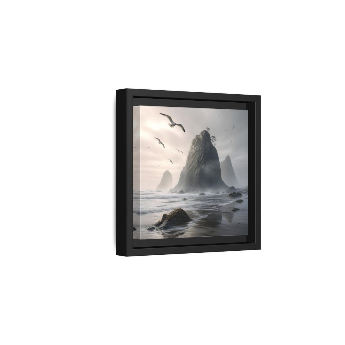 Side Mockup 3. Nature Sea Stacks Misty Coastal shown as stretched canvas wall art