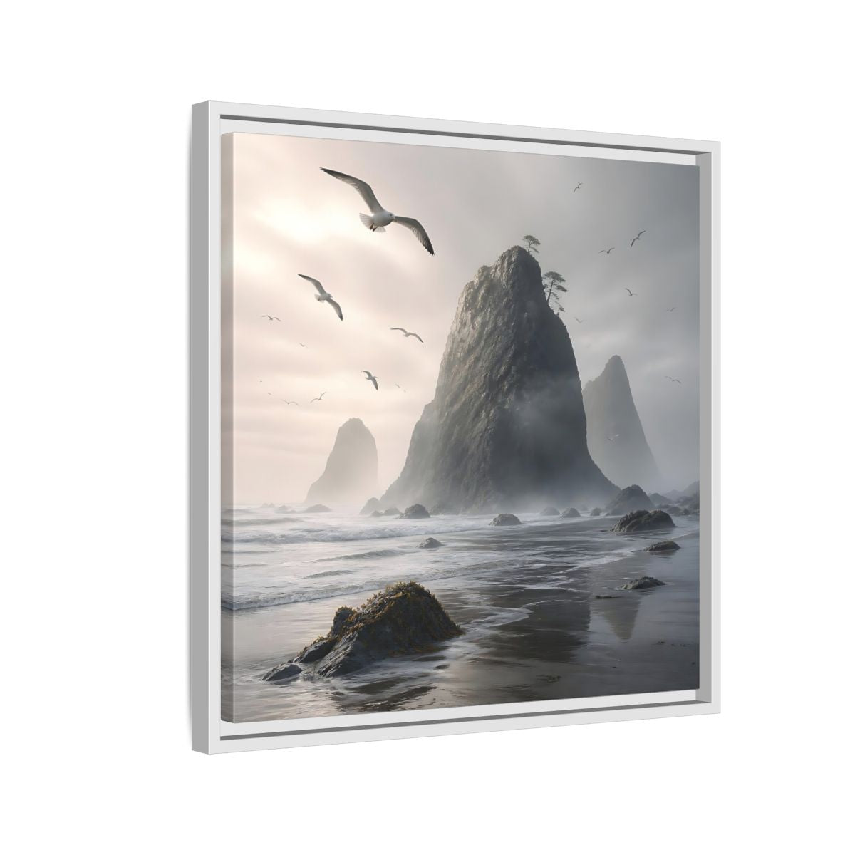 Side Mockup 10. Nature Sea Stacks Misty Coastal shown as stretched canvas wall art