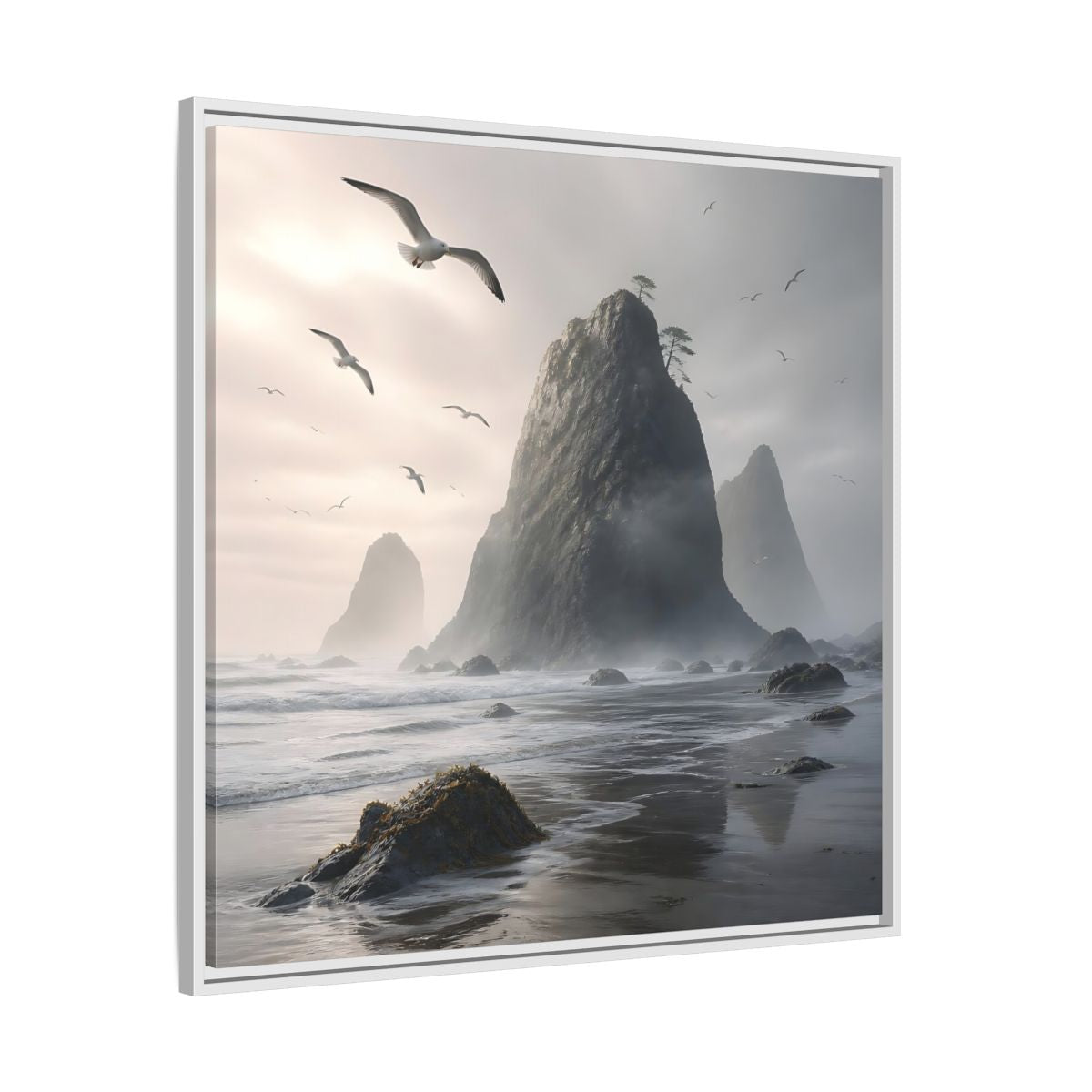 Side Mockup 25. Nature Sea Stacks Misty Coastal shown as stretched canvas wall art