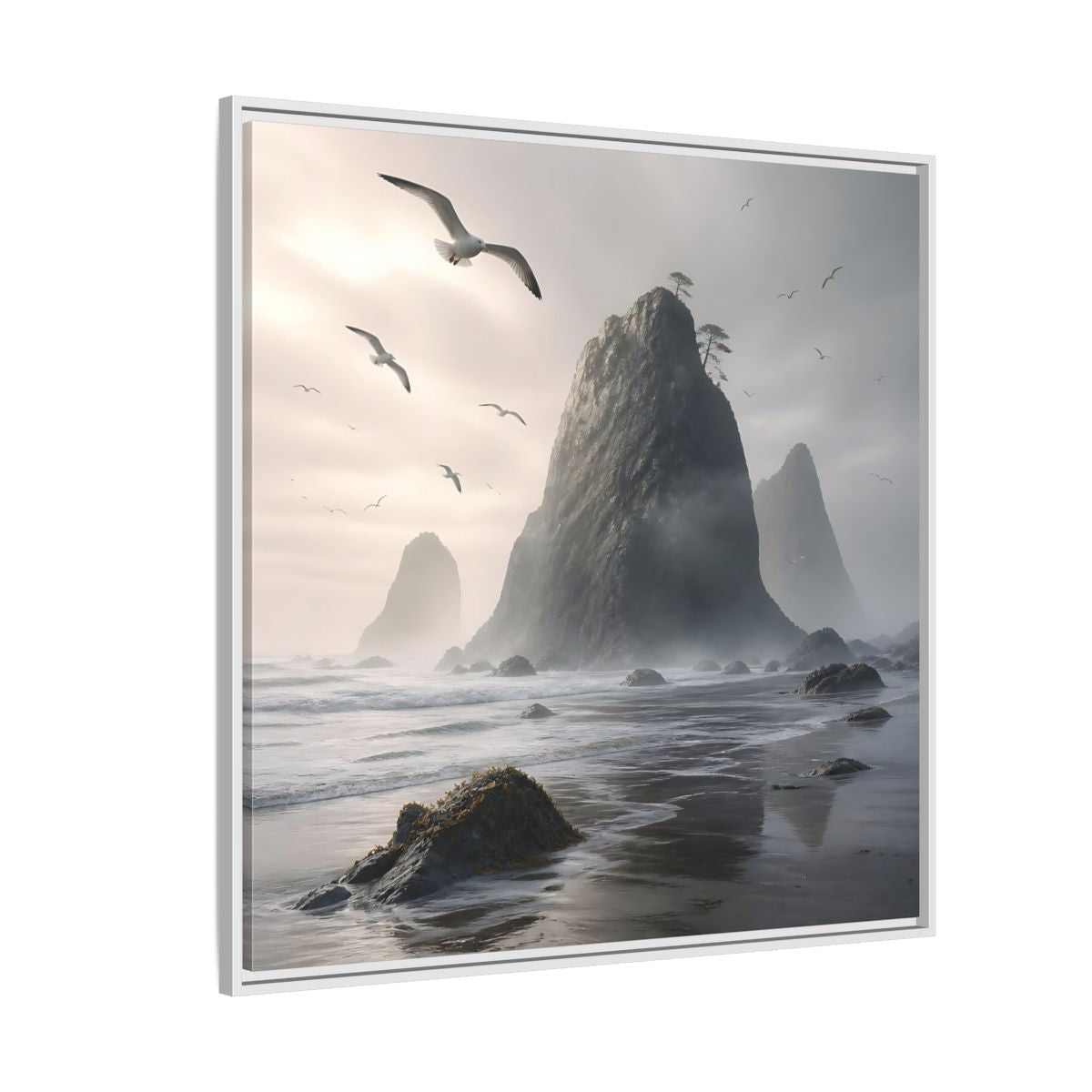 Side Mockup 4. Nature Sea Stacks Misty Coastal shown as stretched canvas wall art