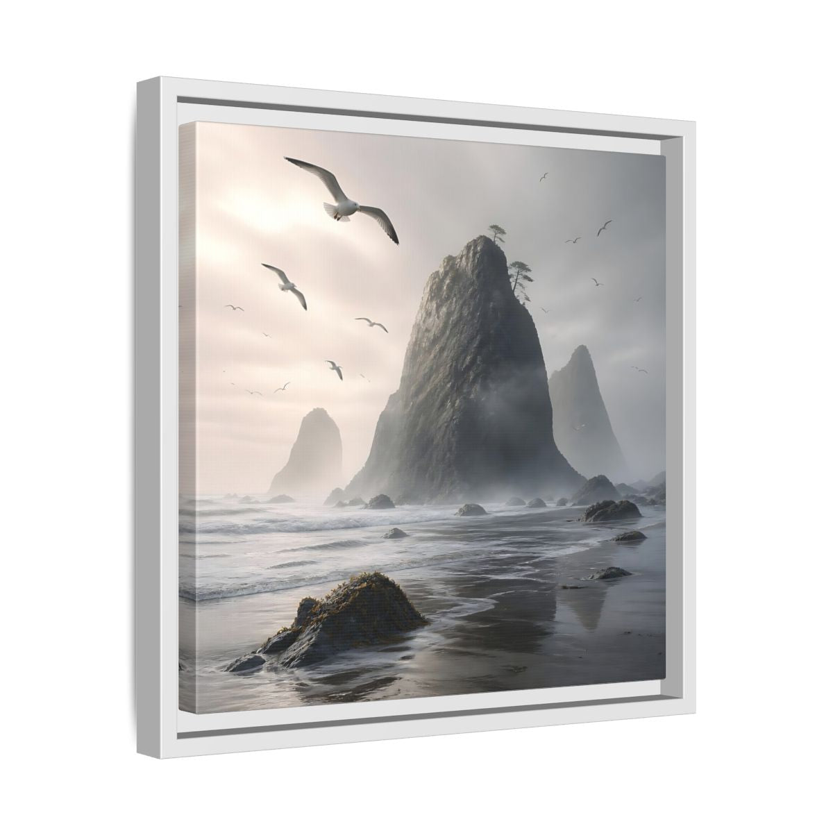 Side Mockup 28. Nature Sea Stacks Misty Coastal shown as stretched canvas wall art
