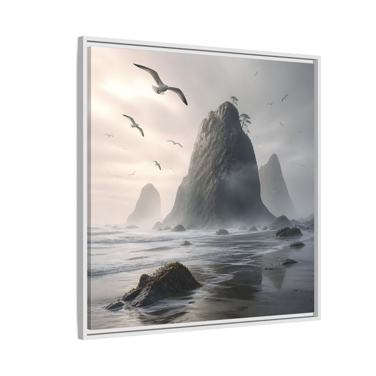Side Mockup 7. Nature Sea Stacks Misty Coastal shown as stretched canvas wall art