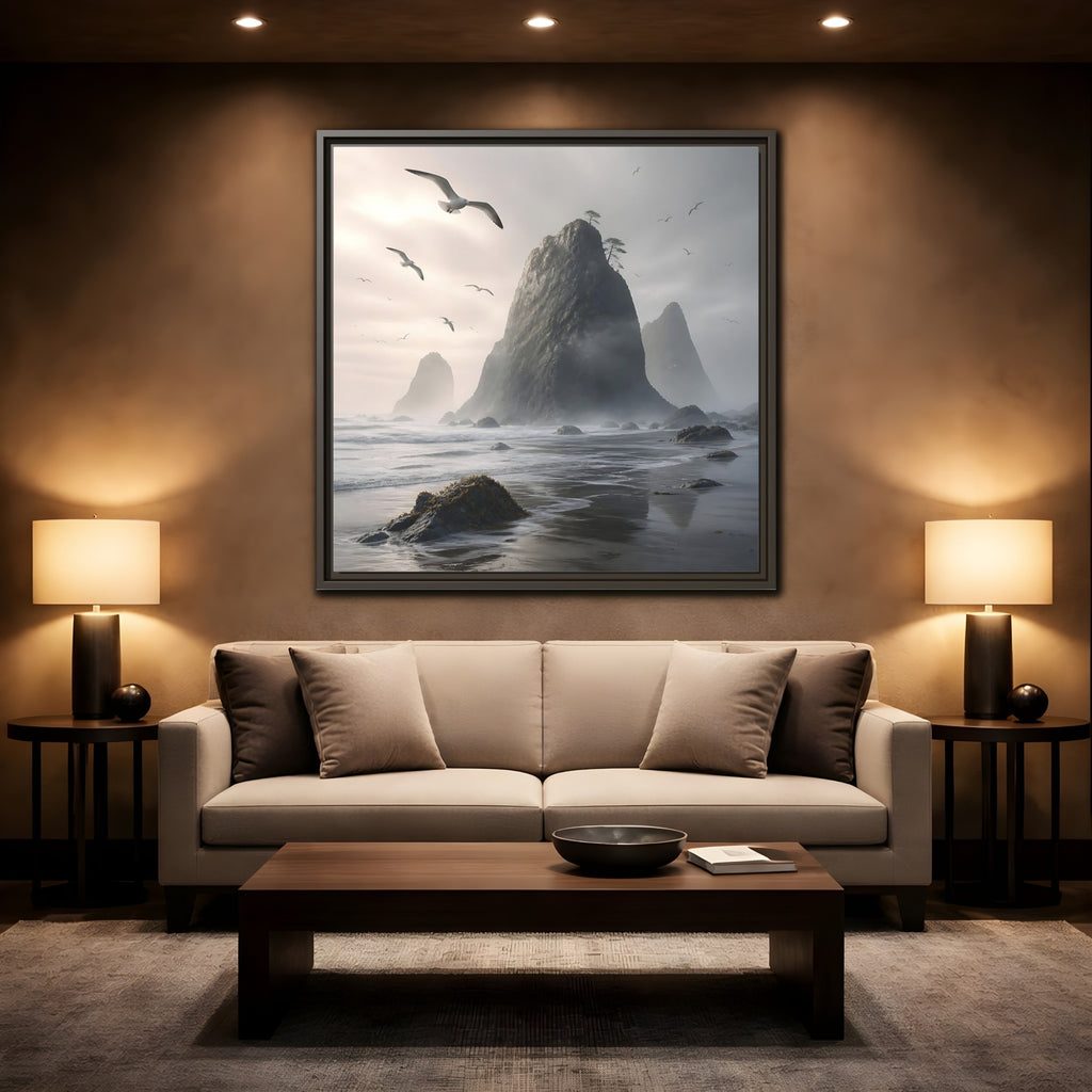 Mockup 2. Nature Sea Stacks Misty Coastal shown as stretched canvas wall art