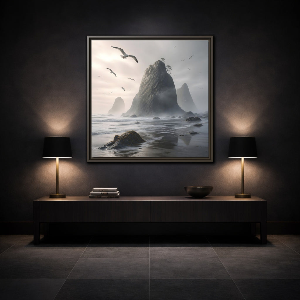 Mockup 3. Nature Sea Stacks Misty Coastal shown as stretched canvas wall art