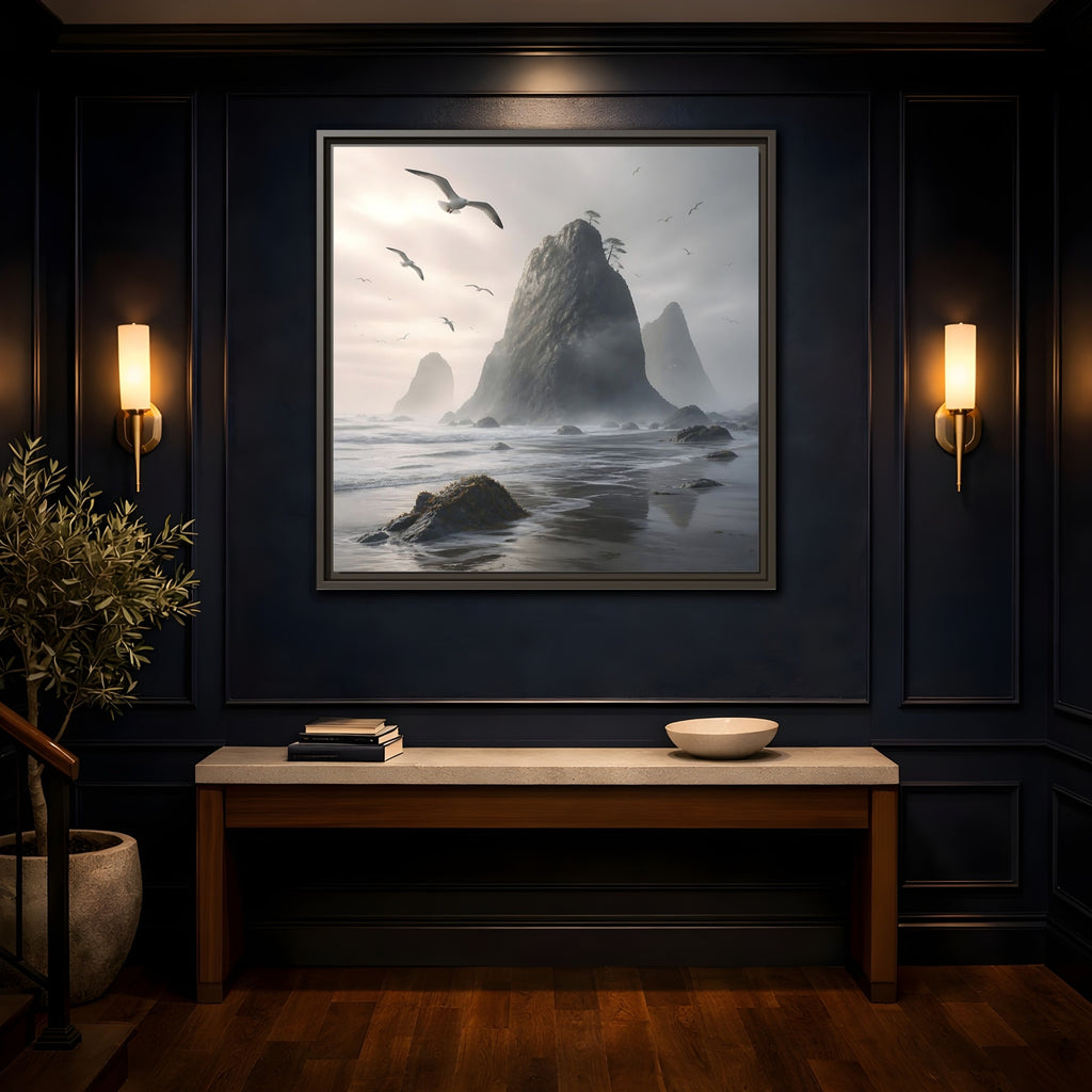 Mockup 4. Nature Sea Stacks Misty Coastal shown as stretched canvas wall art