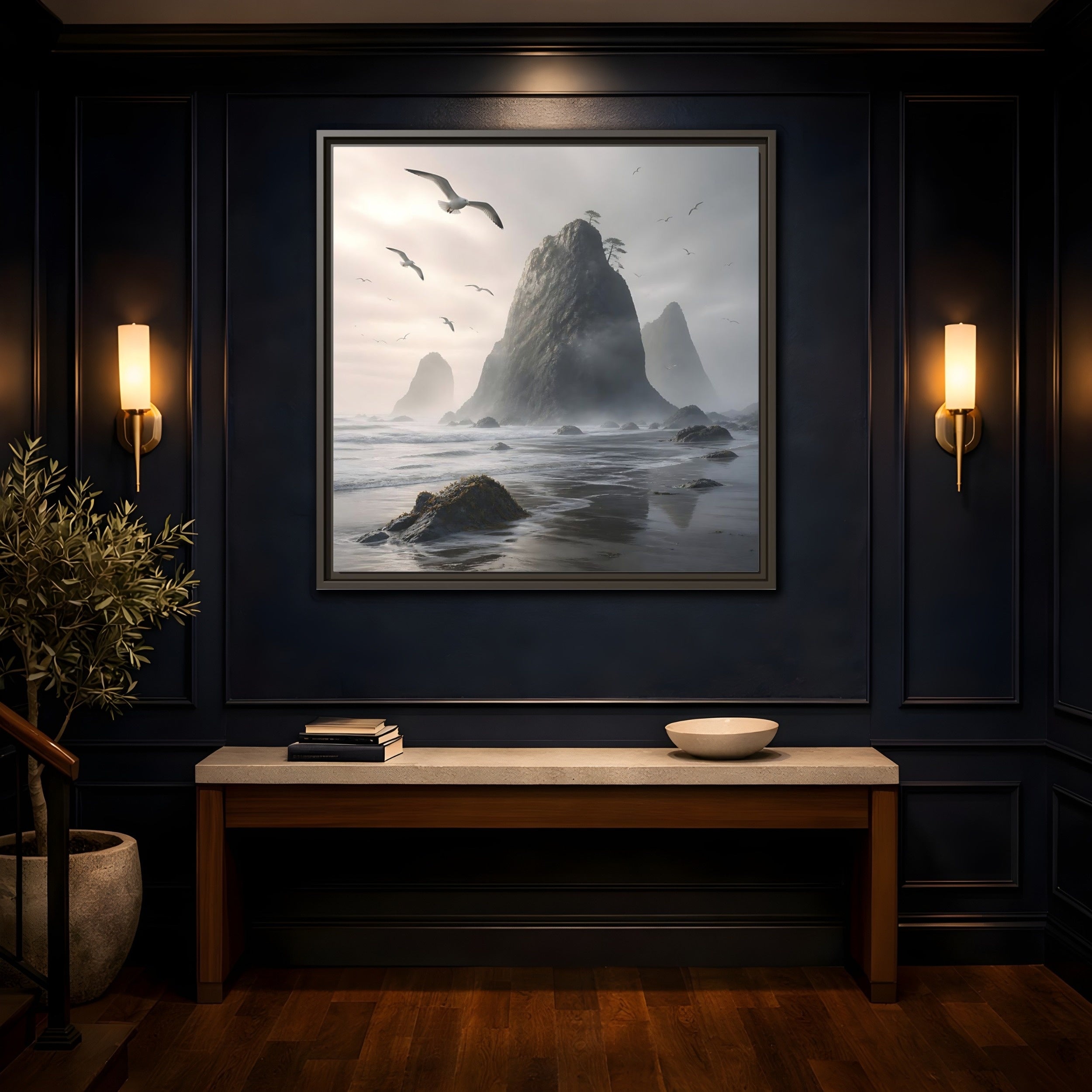 Mockup 4. Nature Sea Stacks Misty Coastal shown as stretched canvas wall art