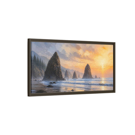 Main Mockup. Nature Sea Stacks Orange Sunset Seascape shown as stretched canvas wall art