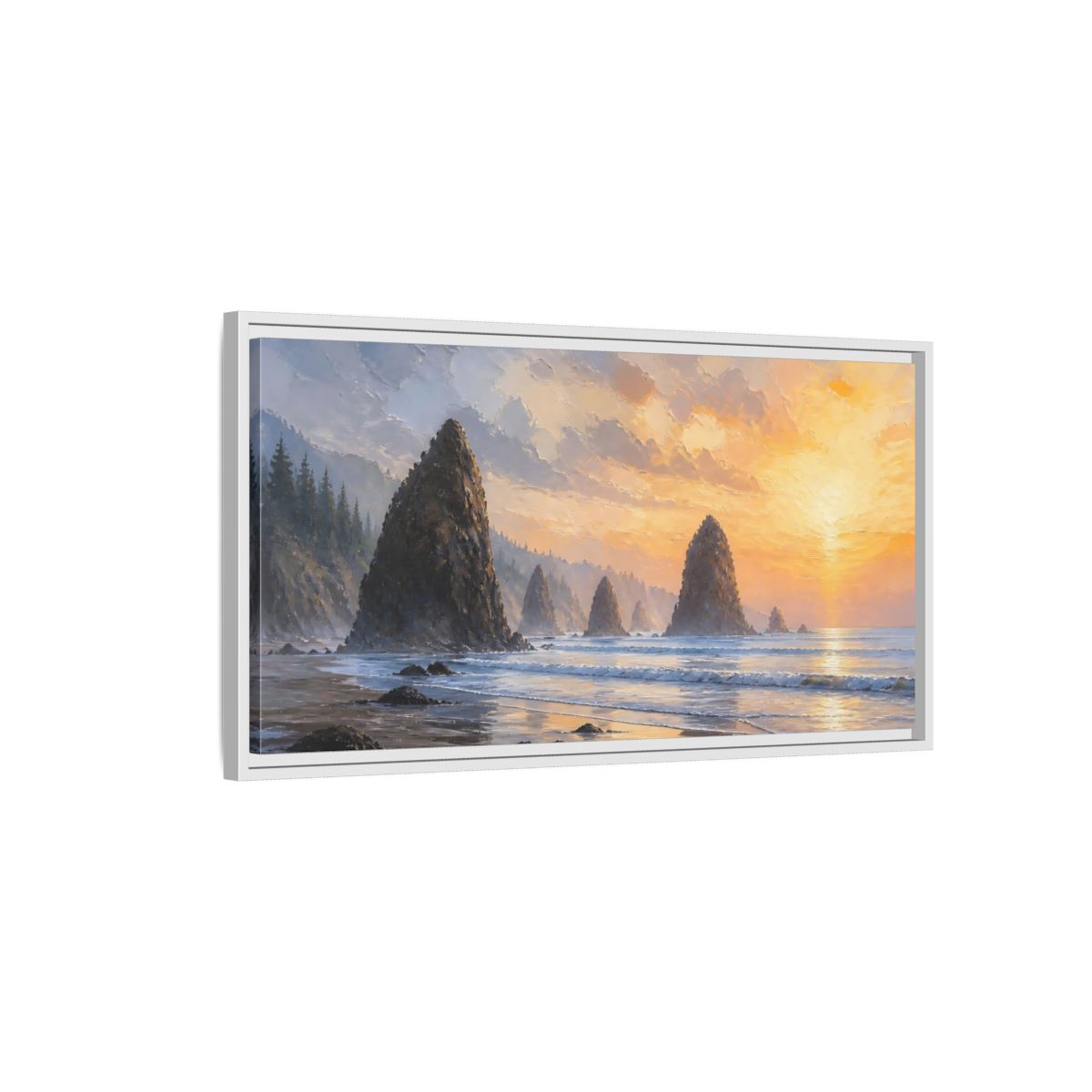 Side Mockup 1. Nature Sea Stacks Orange Sunset Seascape shown as stretched canvas wall art