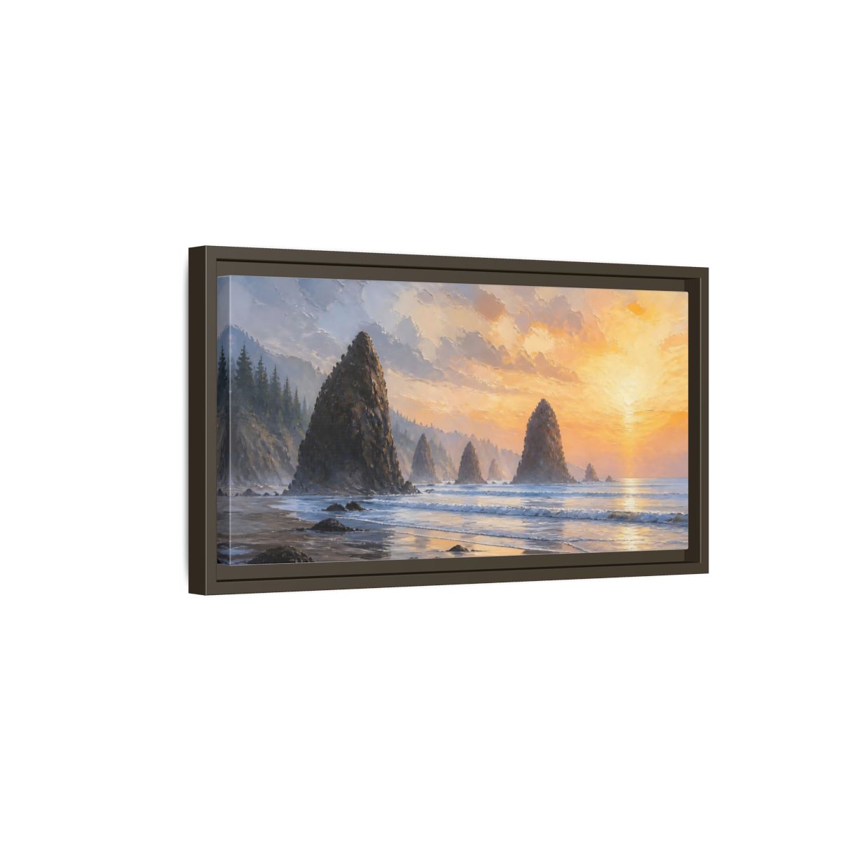 Side Mockup 7. Nature Sea Stacks Orange Sunset Seascape shown as stretched canvas wall art