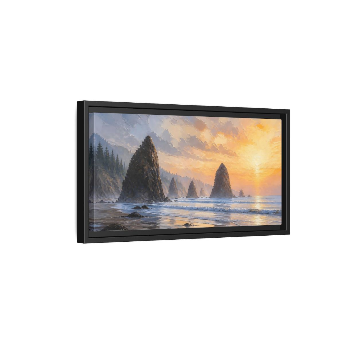 Side Mockup 8. Nature Sea Stacks Orange Sunset Seascape shown as stretched canvas wall art