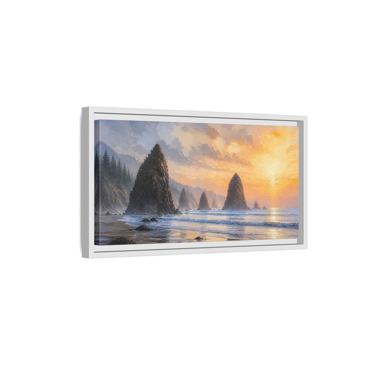 Side Mockup 6. Nature Sea Stacks Orange Sunset Seascape shown as stretched canvas wall art