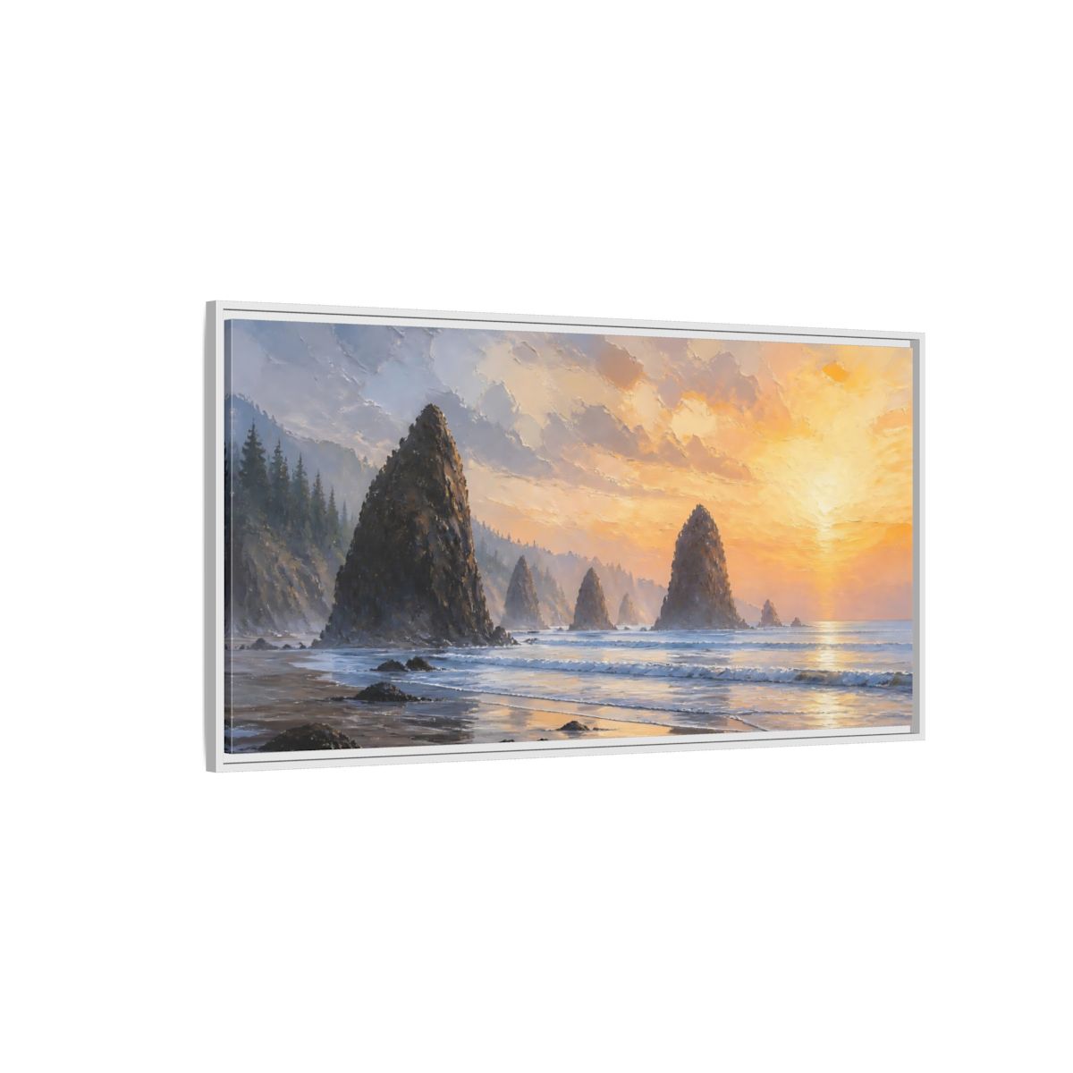 Side Mockup 3. Nature Sea Stacks Orange Sunset Seascape shown as stretched canvas wall art