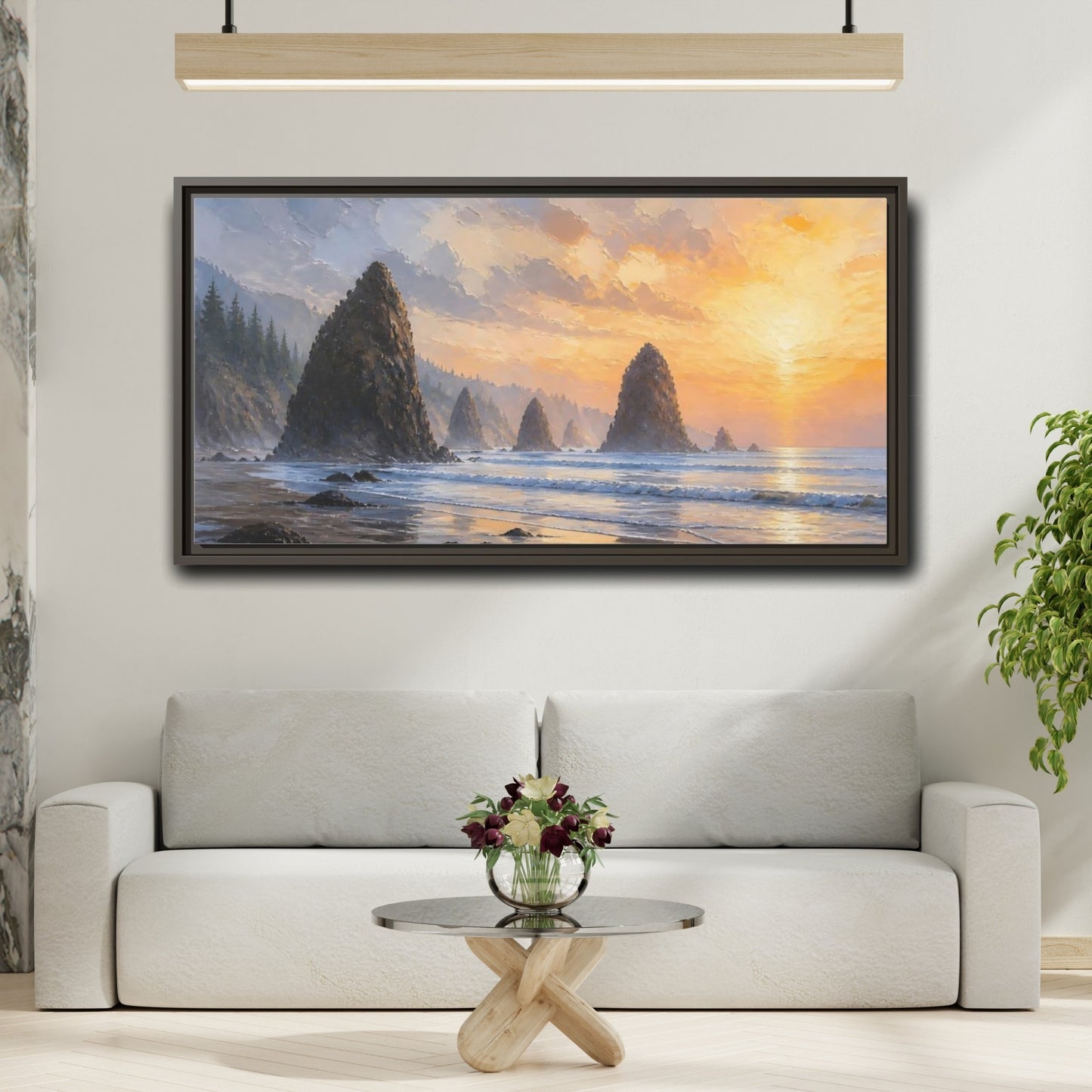 Mockup 2. Nature Sea Stacks Orange Sunset Seascape shown as stretched canvas wall art