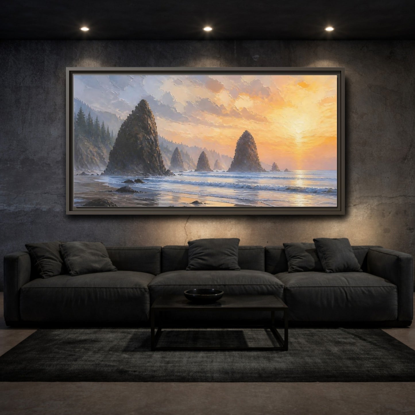 Mockup 3. Nature Sea Stacks Orange Sunset Seascape shown as stretched canvas wall art