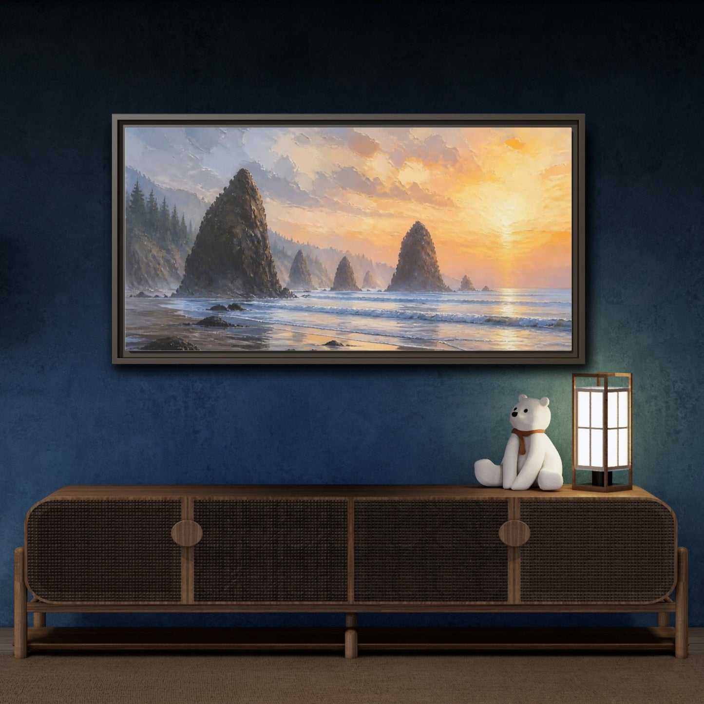 Mockup 4. Nature Sea Stacks Orange Sunset Seascape shown as stretched canvas wall art