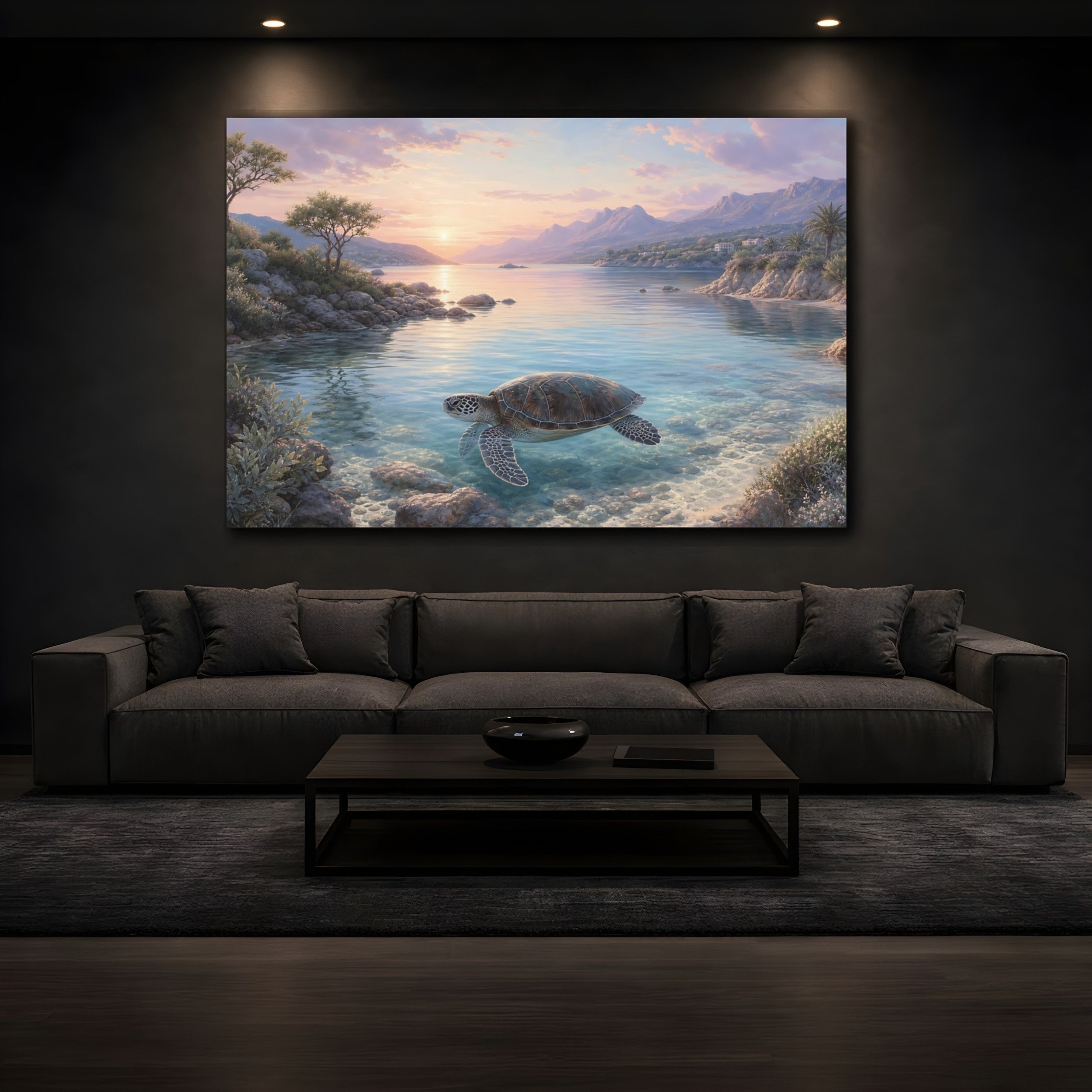 Mockup 3. Nature Sea Turtle Sea Turtle Seascape shown as stretched canvas wall art