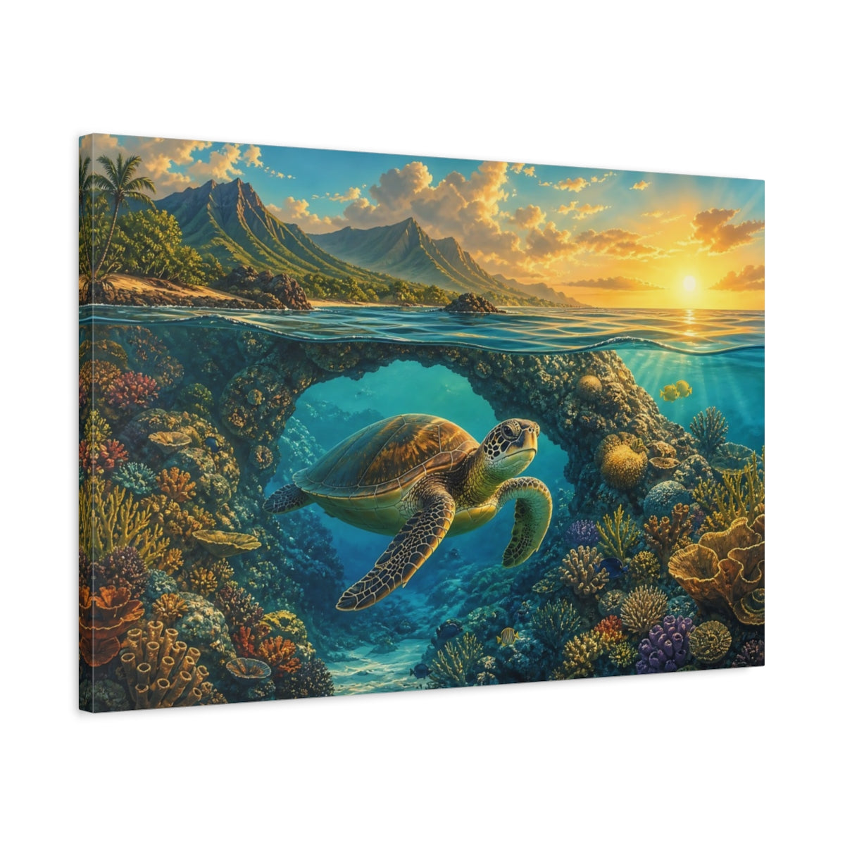 Side Mockup 2. Nature Sea Turtle Vibrant Ocean Turtle shown as stretched canvas wall art
