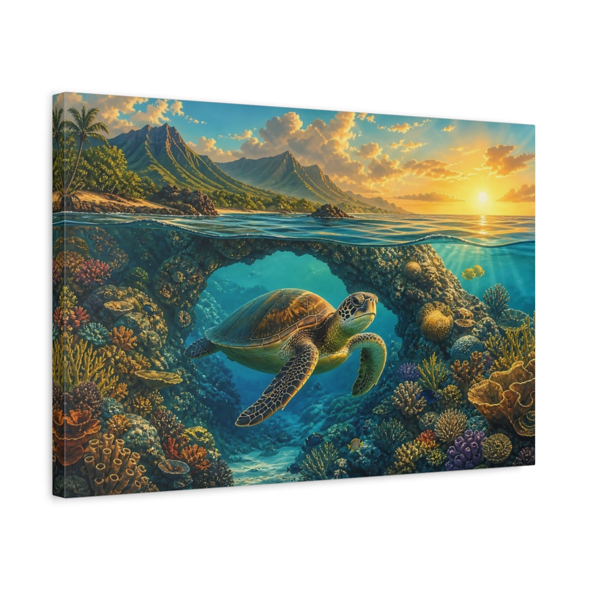 Side Mockup 3. Nature Sea Turtle Vibrant Ocean Turtle shown as stretched canvas wall art