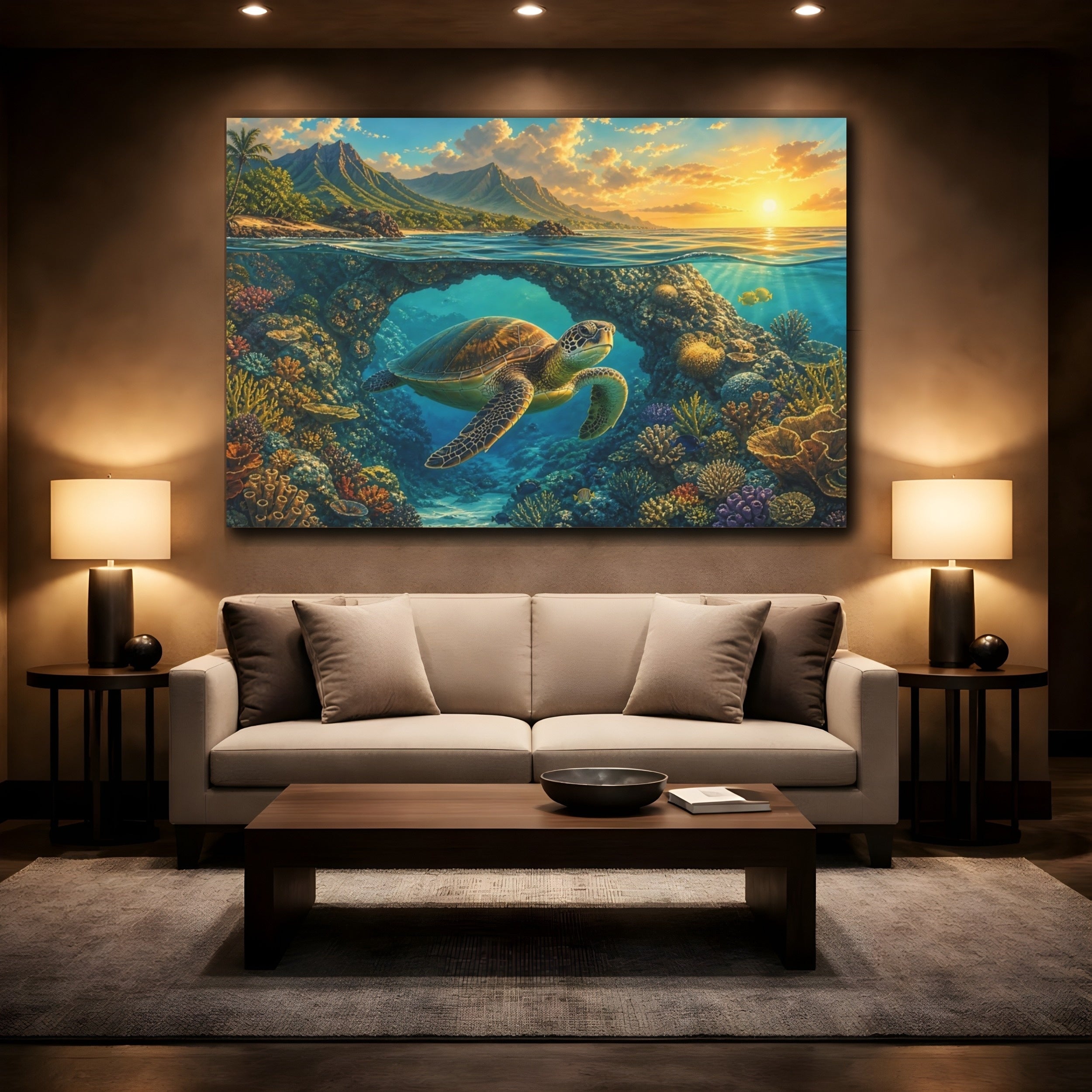 Mockup 2. Nature Sea Turtle Vibrant Ocean Turtle shown as stretched canvas wall art