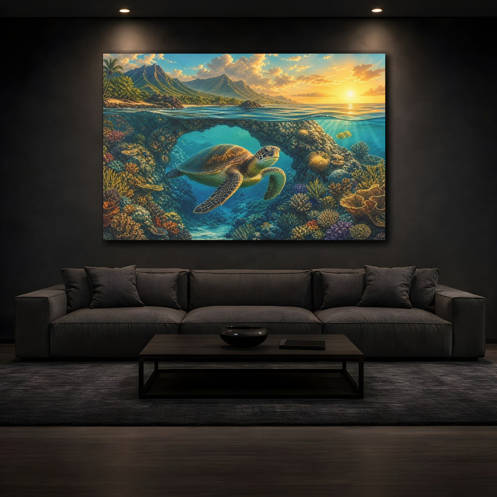 Mockup 3. Nature Sea Turtle Vibrant Ocean Turtle shown as stretched canvas wall art