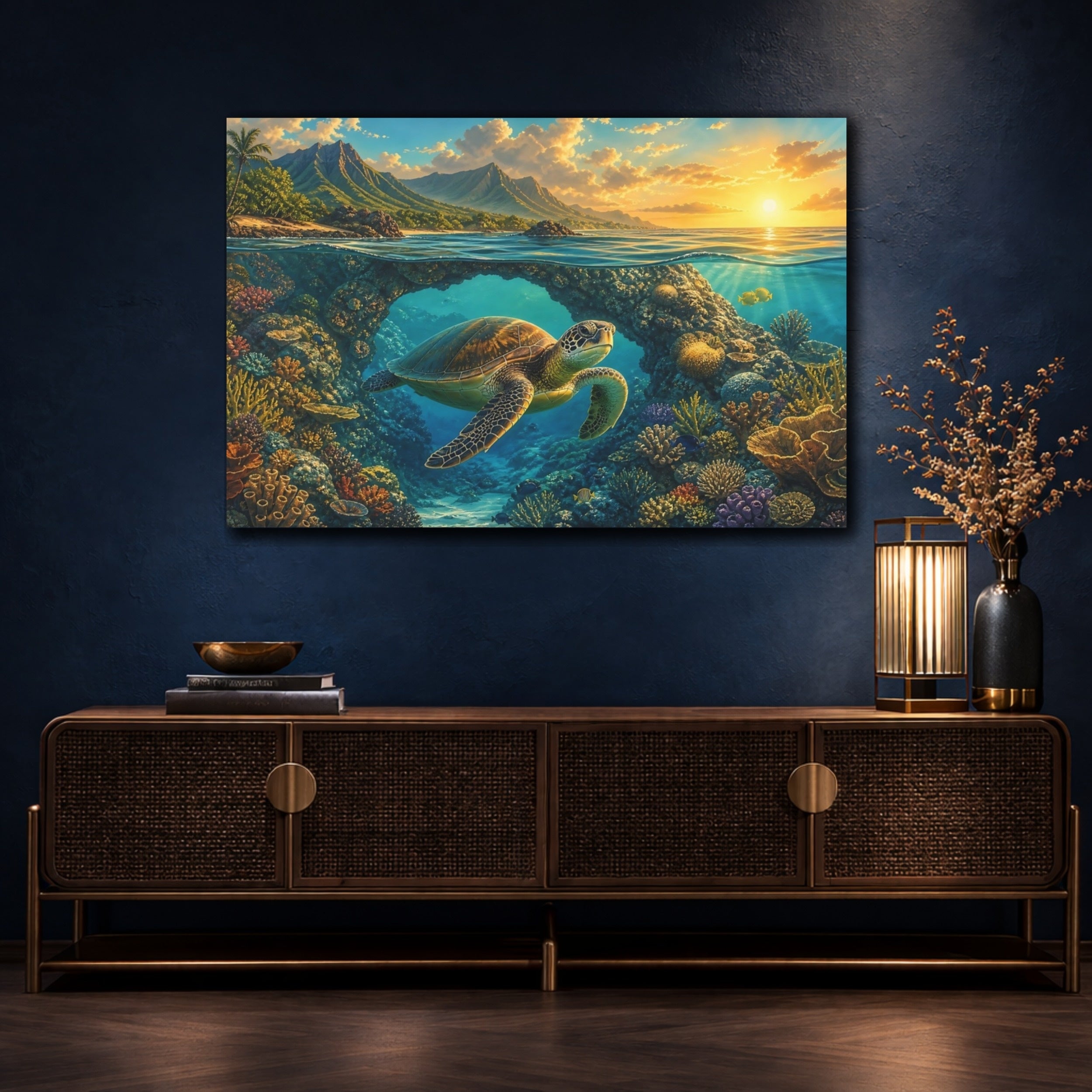 Mockup 4. Nature Sea Turtle Vibrant Ocean Turtle shown as stretched canvas wall art
