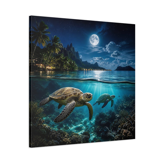 Main Mockup. Nature Sea Turtles Blue Ocean Moon shown as stretched canvas wall art