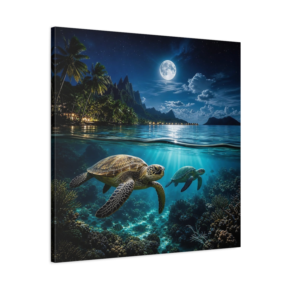 Side Mockup 3. Nature Sea Turtles Blue Ocean Moon shown as stretched canvas wall art