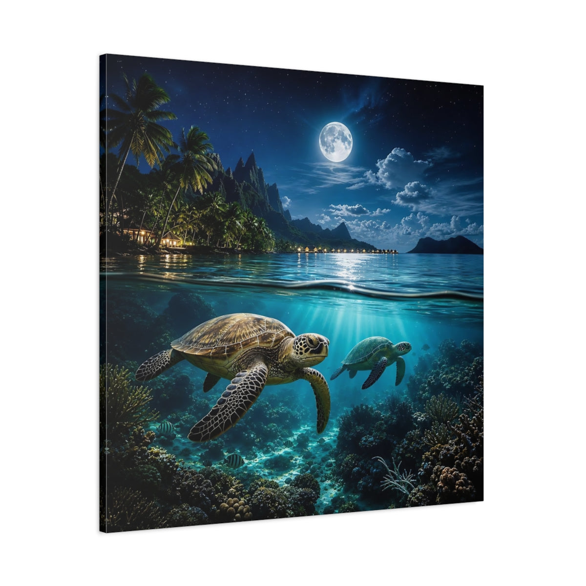 Side Mockup 1. Nature Sea Turtles Blue Ocean Moon shown as stretched canvas wall art