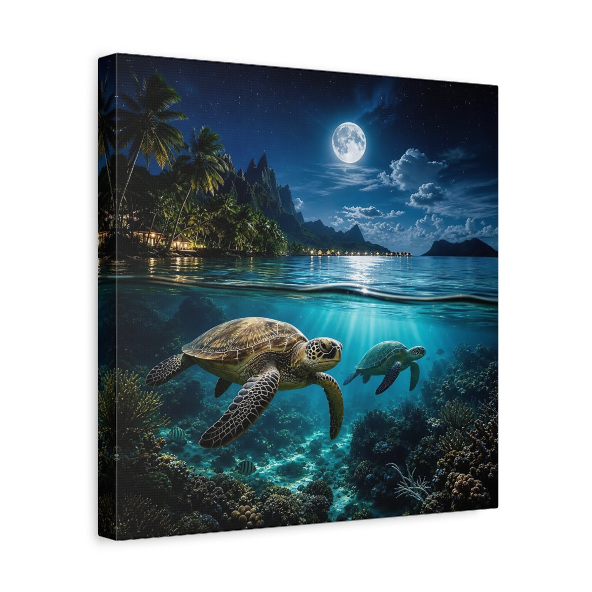 Side Mockup 7. Nature Sea Turtles Blue Ocean Moon shown as stretched canvas wall art