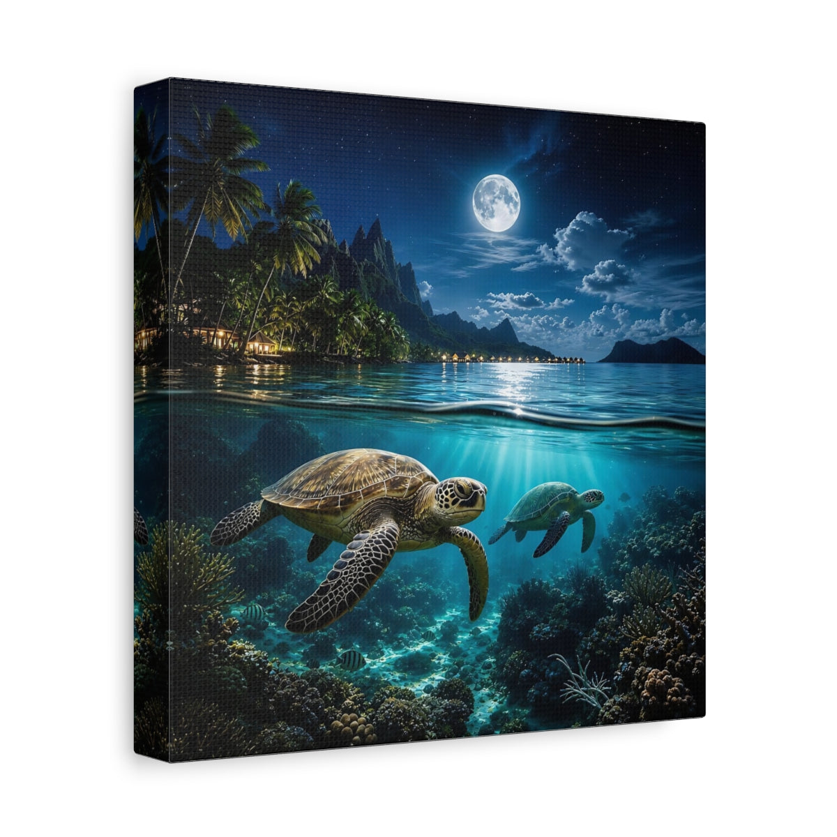 Side Mockup 9. Nature Sea Turtles Blue Ocean Moon shown as stretched canvas wall art