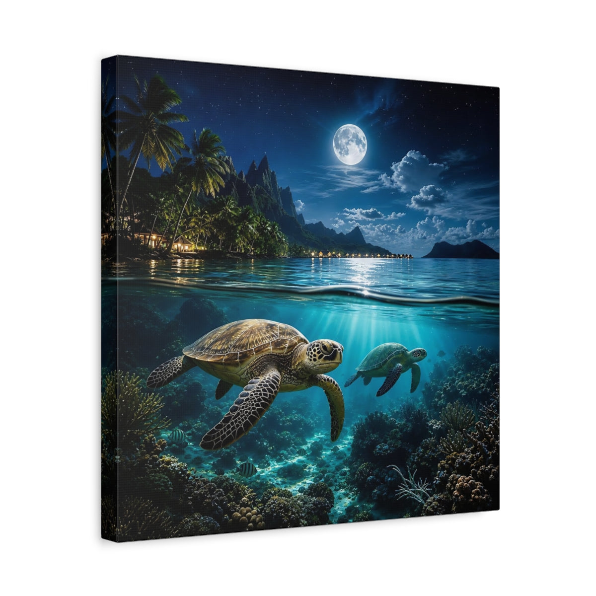 Side Mockup 6. Nature Sea Turtles Blue Ocean Moon shown as stretched canvas wall art