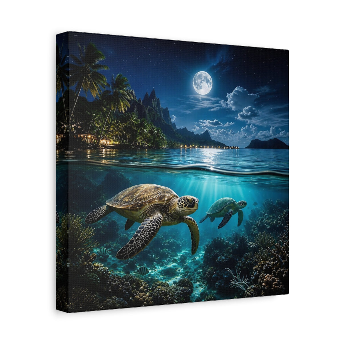Side Mockup 8. Nature Sea Turtles Blue Ocean Moon shown as stretched canvas wall art