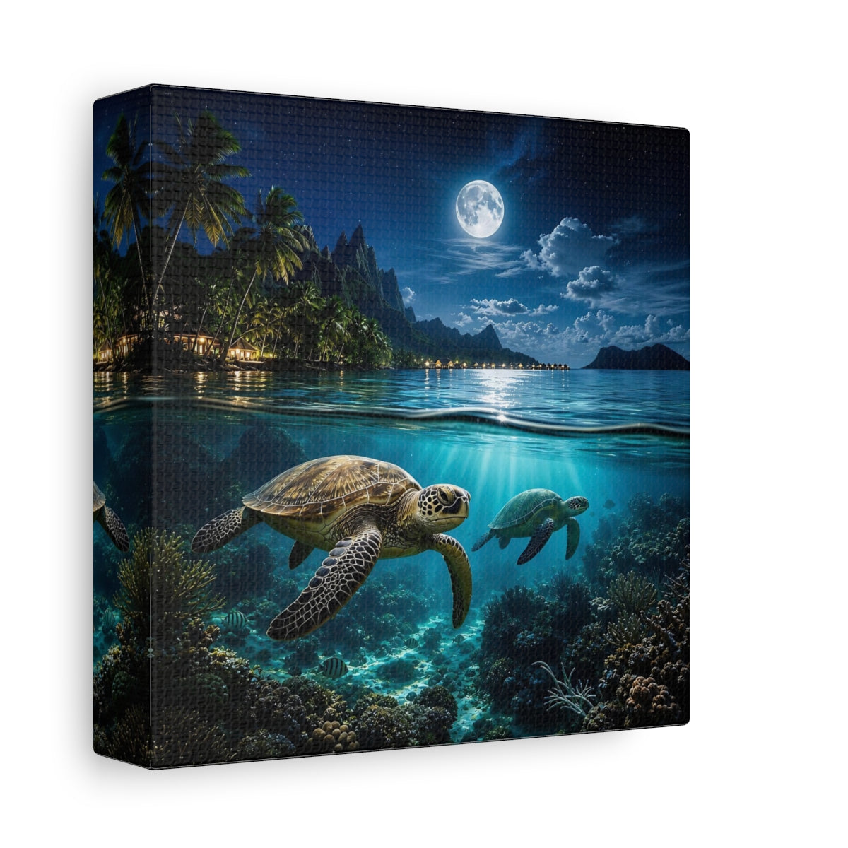 Side Mockup 2. Nature Sea Turtles Blue Ocean Moon shown as stretched canvas wall art