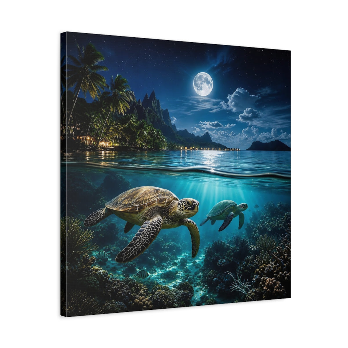 Side Mockup 4. Nature Sea Turtles Blue Ocean Moon shown as stretched canvas wall art