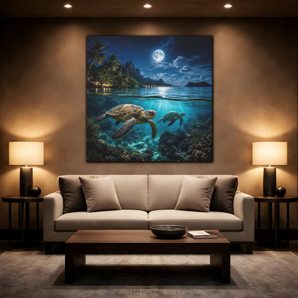 Mockup 2. Nature Sea Turtles Blue Ocean Moon shown as stretched canvas wall art