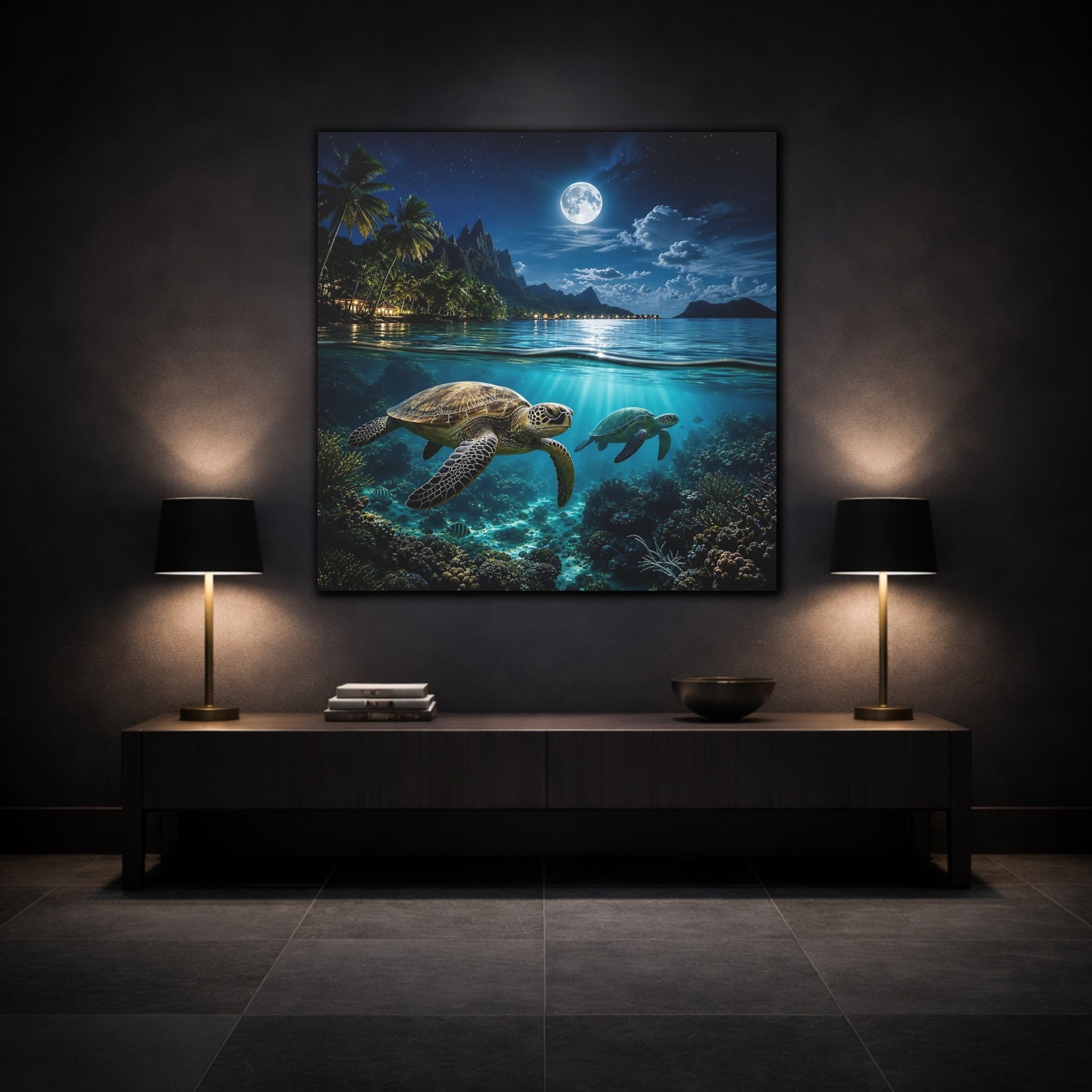 Mockup 3. Nature Sea Turtles Blue Ocean Moon shown as stretched canvas wall art