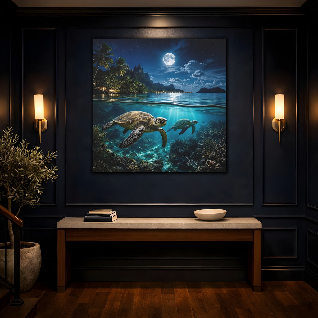Mockup 4. Nature Sea Turtles Blue Ocean Moon shown as stretched canvas wall art