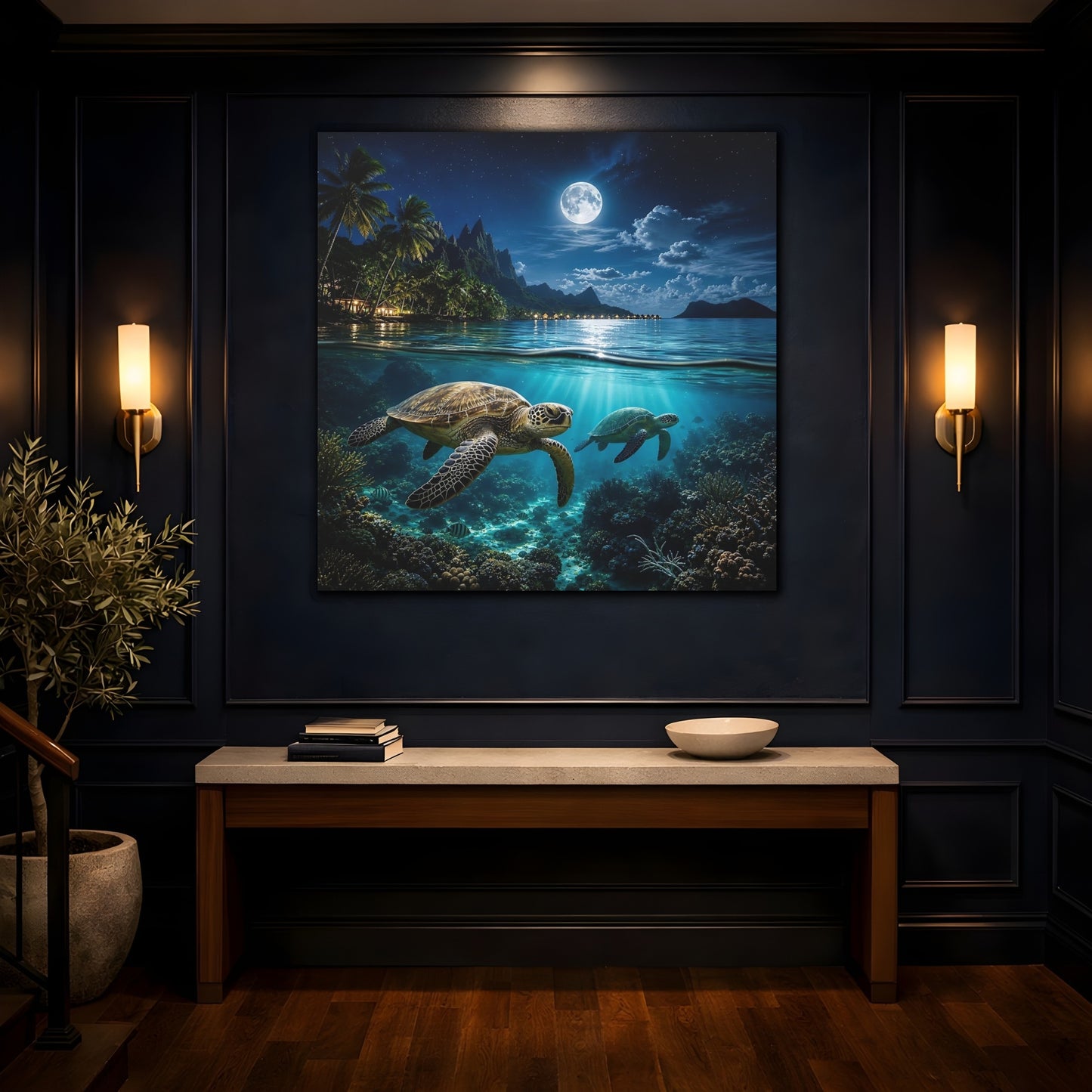 Mockup 4. Nature Sea Turtles Blue Ocean Moon shown as stretched canvas wall art