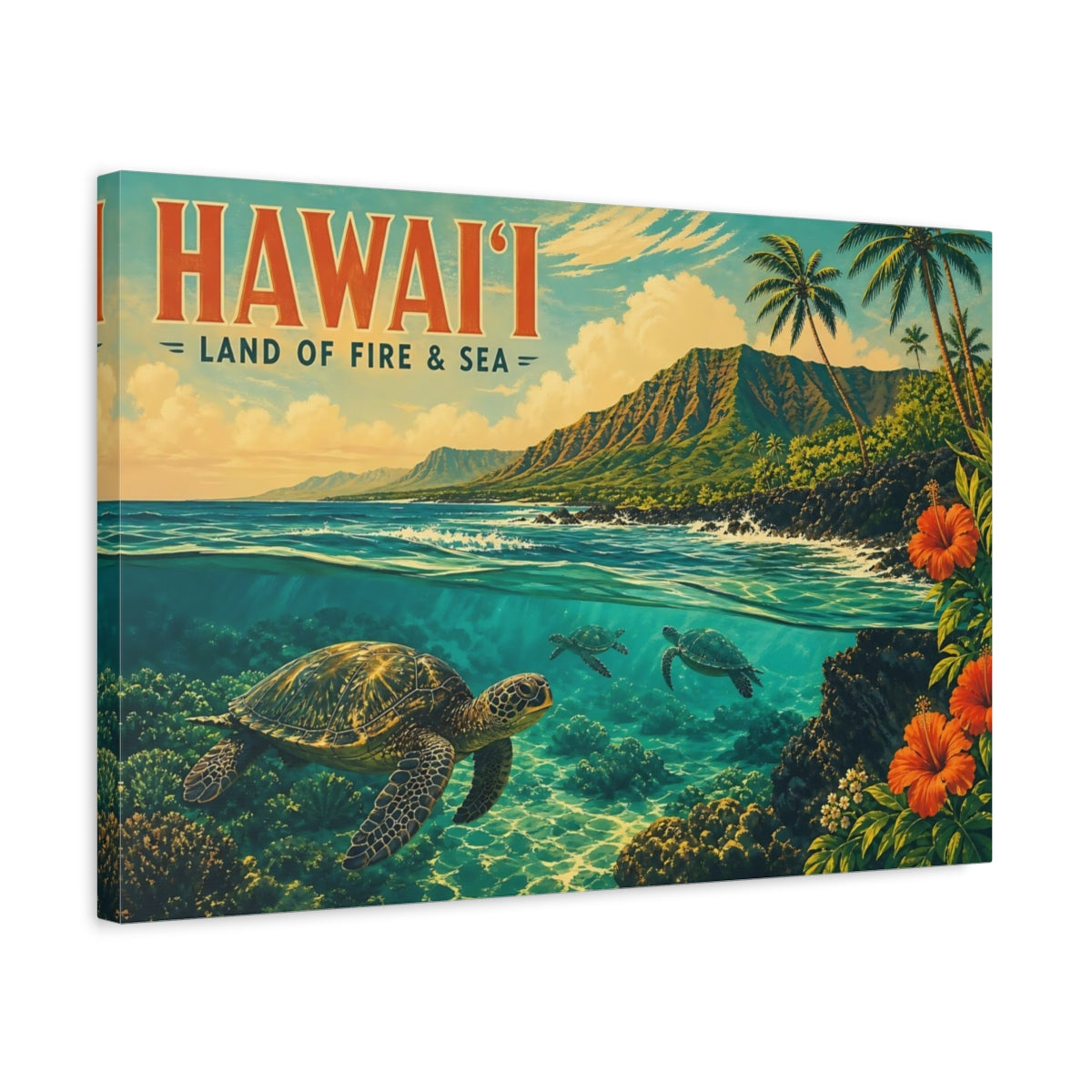 Side Mockup 3. Nature Sea Turtles Hawaii Tropical shown as stretched canvas wall art